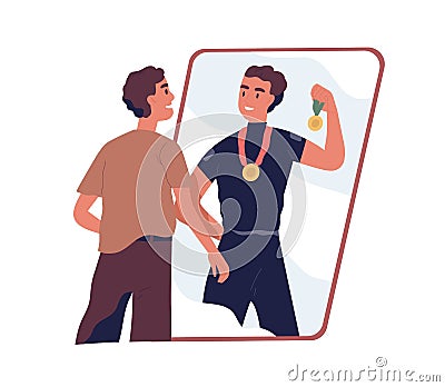 Ordinary man looking at fake mirror reflection and dreaming to be successful strong athlete and sports winner with Vector Illustration