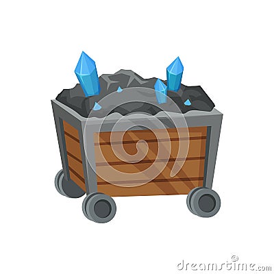 Ore with crystals in trolley on white background. Vector Illustration