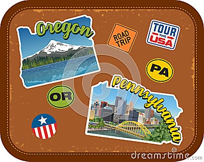 Oregon, Pennsylvania travel stickers with scenic attractions Vector Illustration