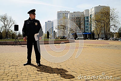 Orel, Russia - April 28, 2017: Drivers meeting. Lonely policeman Editorial Stock Photo