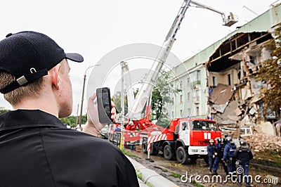 Orel, Russia, August 29, 2017: Collapse of old apartment house. Editorial Stock Photo