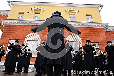 Orel, Russia, February 25, 2019: Syrian Break - trophy exhibition train of Russian Defence Ministry. Military brass band with Editorial Stock Photo