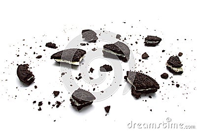 Oreo Biscuits with crumbs isolated on white background. It is a chocolate sandwich cookies filled with sweet cream flavored. Editorial Stock Photo