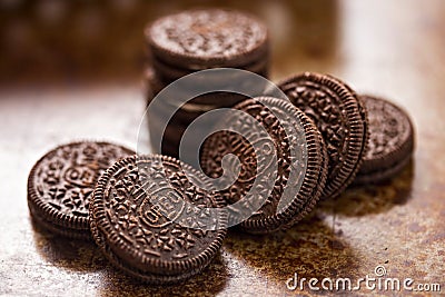 Oreo cookies on dark brown background Editorial Stock Photo
