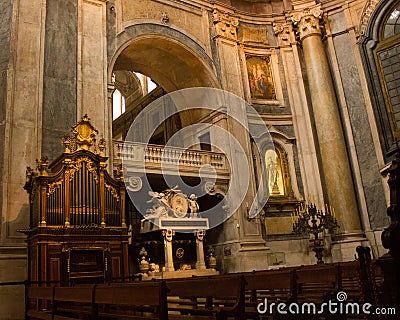 The organ pipes and D. Maria I tomb in Estrela basilica in Lisbon, Portugal Editorial Stock Photo