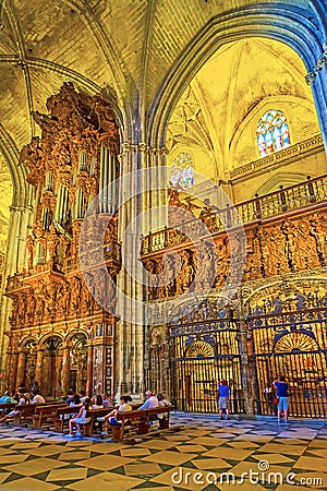 The organ and rib-vaulted ceiling of Seville Cathedral, on Sept 29 in Seville, Spain Editorial Stock Photo