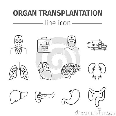 Organ transplantation line icons set. Vector Illustration