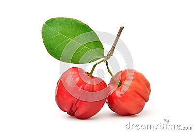Organic acerola cherry with green leaf Stock Photo