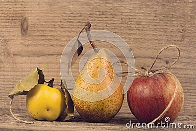 Organic apple, quince and pear Stock Photo