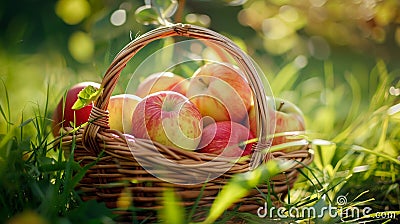 Organic apples in basket amidst summer grass. Fresh apples in natural setting Stock Photo