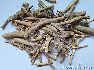 Organic Ashwagandha Withania somnifera roots. Ashwagandha is an incredibly healthy medicinal herb. Stock Photo