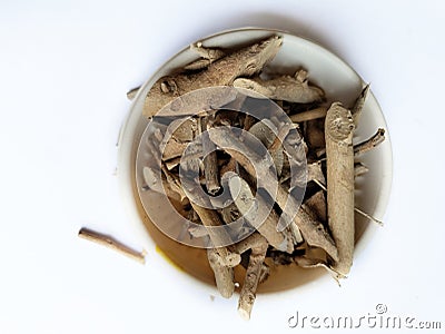 Organic Ashwagandha (Withania somnifera) roots. Stock Photo