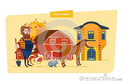 Organic autumn farming. Farmer working at farm. Organic natural food. Vector Illustration