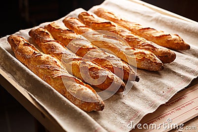 Organic baguettes in authentic bakery setting Stock Photo