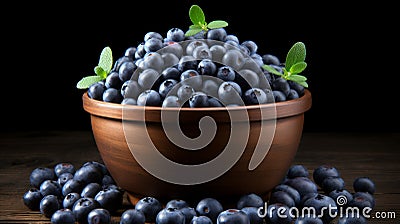 Organic blueberries and fresh spearmint in rustic clay bowl on wooden table for food photography Stock Photo