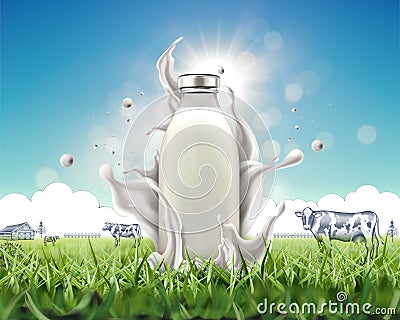 Organic bottle milk ads Vector Illustration