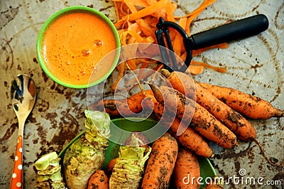 Organic carrots and carrot juice for a healthy breakfast Stock Photo