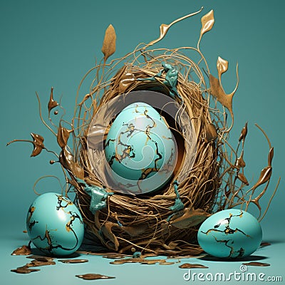 Organic Chaos: Turquoise Eggs In Minimalistic Surrealism Stock Photo