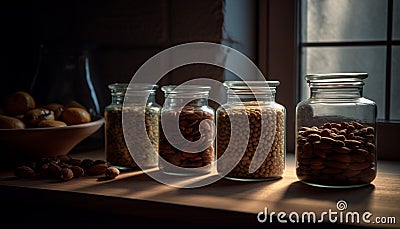Organic coffee beans in rustic glass jar generated by AI Stock Photo