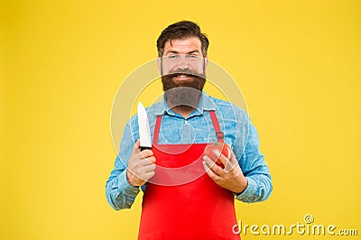 Organic cooking. Happy man hold tomato and knife. Cooking vegetarian food. Wholesome diet and dieting. Organic recipe Stock Photo