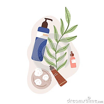 Organic cosmetic products. Vegan beauty essences in bottles, tubes. Natural moisturizing cream, serum, cleansing lotion Cartoon Illustration