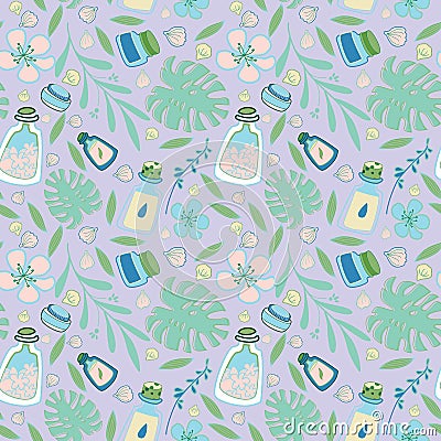 Organic cosmetic seamless pattern: bottles, jars, tubes. Herbal cosmetics texture. Flat hand drawn style. Woman stuff Stock Photo