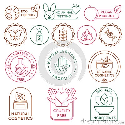 Organic cosmetics badges. Bio beauty products for skin, package seal ecology, vegan, natural ingredient. Eco food icon Vector Illustration