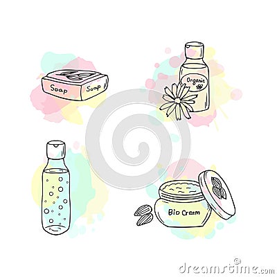 Organic cosmetics illustration. Vector cosmetic bottles. Doodle skin care items. Vector Illustration