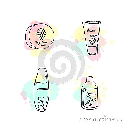 Organic cosmetics illustration. Vector cosmetic bottles. Doodle skin care items. Hand drawn set. Herbal lotion. Bio Vector Illustration