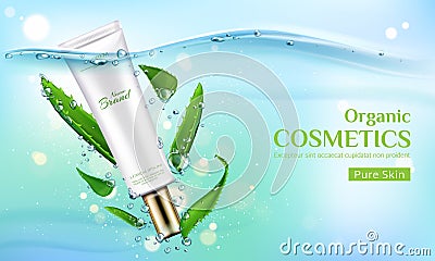 Organic cosmetics product with aloe vera leaves Vector Illustration
