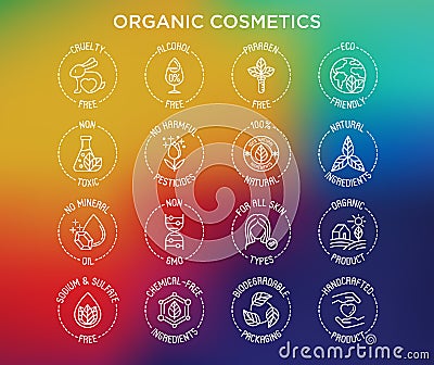 Organic cosmetics set of thin line icons for product packaging. Cruelty free, 0% alcohol, natural ingredients, paraben free, eco Vector Illustration