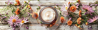 Organic Cosmetics Spa: Serums, Creams, and Masks on Wooden Background with Flowers - Natural Beauty and Skincare Concept Stock Photo