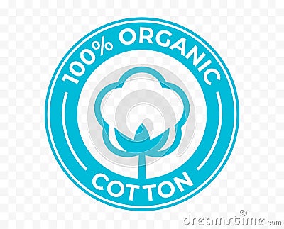 Organic cotton flower icon, 100 natural certificate vector logo. Cotton flower for eco bio organic textile and cosmetic products Vector Illustration