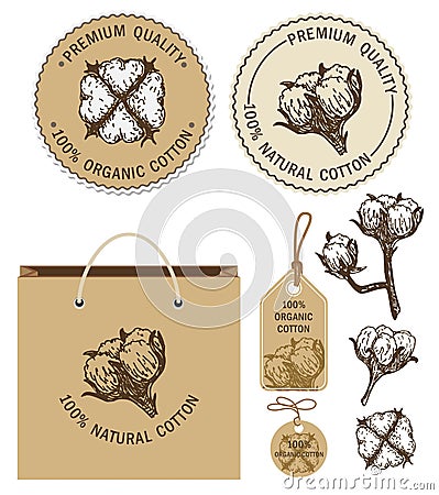 Organic cotton. Round label, price tags and eco paper bag with type design. Cotton logos, icons, stickers and emblems Vector Illustration