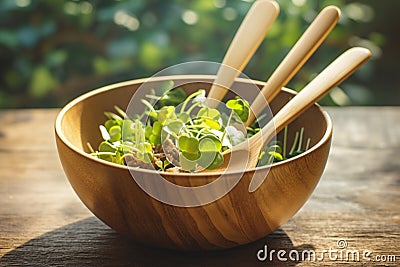 Organic dining Wooden spoon and fork in a nature inspired bowl Stock Photo