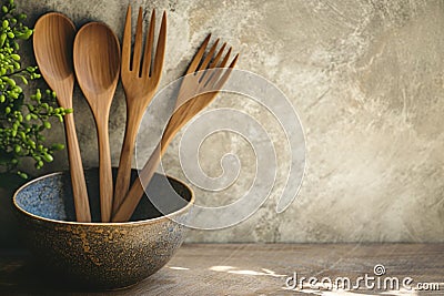 Organic dining Wooden spoon and fork in a nature inspired bowl Stock Photo