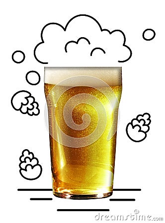 Organic drink with hops. Glass with foamy, lager, cool beer with bubbles isolated over white background. Creative design Stock Photo