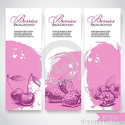 Organic eco berries banners. Hand drawn berries. Cherries, strawberries and raspberries on pink watercolor background with white s Vector Illustration