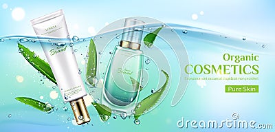 Organic eco cosmetics product tubes ad banner Vector Illustration