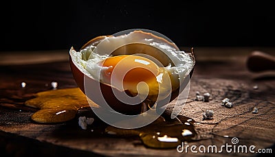 Organic egg yolk on rustic wood table, a gourmet ingredient generated by AI Stock Photo