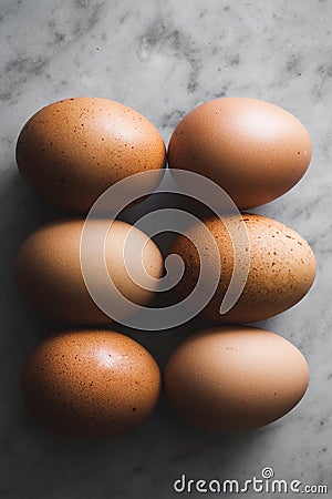 Organic eggs, group shot still life in soft moody light placed on marble background Stock Photo