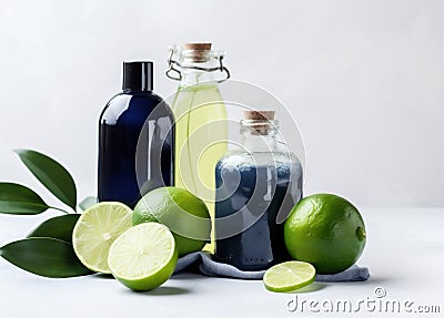 oil treatment body spa bottle natural organic skincare lime lemon. Generative AI. Stock Photo