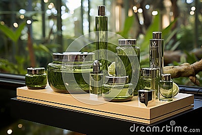 Organic facial toners displayed in lush greenery and blooming flowers, illuminated by natural light Stock Photo