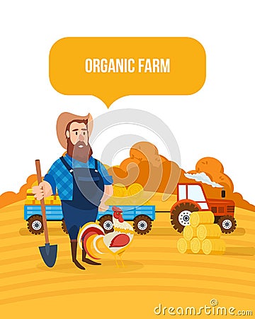 Organic farm. Agriculture and farming. Agribusiness. Rural landscape. Farmland. Vector Illustration