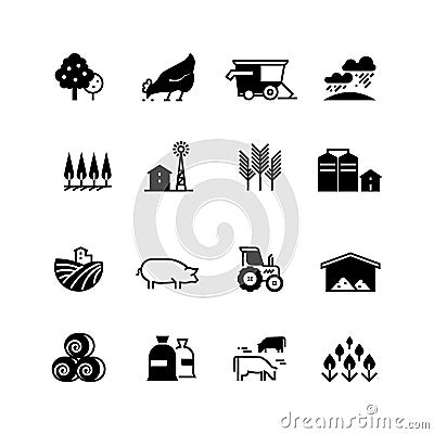 Organic farm and agriculture vector silhouette icons isolated Vector Illustration