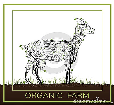 Organic farm concept, eco farm production idea, goat like tree growing on the soil on white background, green eco life Vector Illustration