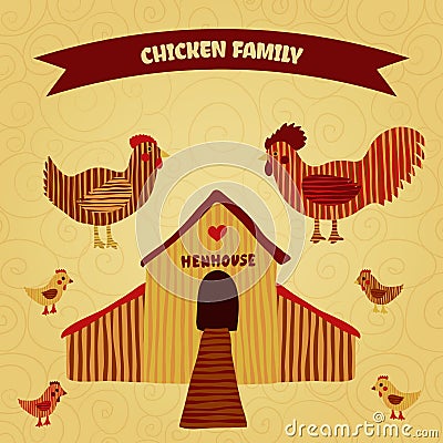 Organic farm funny cartoon label with family chicken: cock, hen with chickens, hen house. Vector Illustration