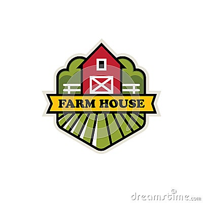 Organic farm logo with red barn Vector Illustration