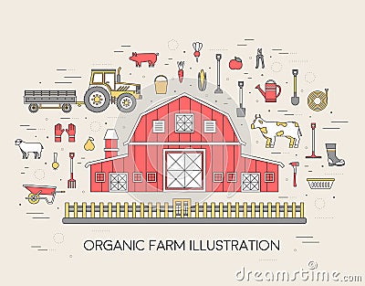 Organic farm in village set and tile in thin lines style design. instruments, flower, vegetables, fruits, hay, farm Vector Illustration