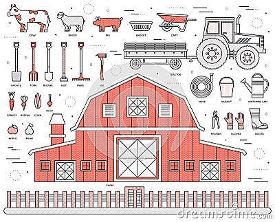 Organic farm in village set and tile in thin lines style design. instruments, flower, vegetables, fruits, hay, farm Vector Illustration